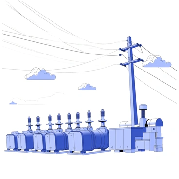 An electric substation is situated in the foreground, featuring multiple large transformers arranged in a row. Heavy-duty cables crisscross above, connecting the transformers to various power lines that stretch out into the distance. The structures of the substation are composed of metal, showcasing intricate details of bolts and supports. In the background, a cloudy sky looms overhead, with varying densities of clouds that add texture to the atmosphere. The scene conveys the complexity and scale of the electrical infrastructure.