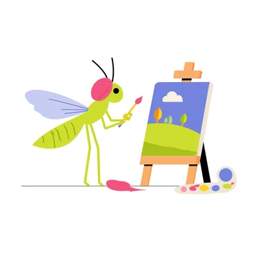 A cartoon-style illustration of a mosquito wearing a stylish red beret. The mosquito is standing on its hind legs, holding tiny paintbrushes in its front legs. It is focused on painting a colorful landscape on a small canvas set up on an easel. The canvas shows a bright blue sky and rolling green hills. In the background, there are fluffy white clouds and a few trees painted in vibrant colors. The scene includes a palette with various paint colors next to the mosquito, and a splatter of paint is seen on the ground.