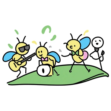 A group of cartoon flies, each with unique colors and features, are positioned on a large green leaf that serves as a stage. One fly, wearing sunglasses, is playing a tiny guitar, while another fly with a bowtie is on a small drum set, tapping its wings rhythmically. A third fly, holding a microphone, sings energetically, showcasing a joyful expression. The background consists of blurred green foliage, emphasizing the leaf stage where the performance is taking place. Each fly is animated, radiating energy and fun.