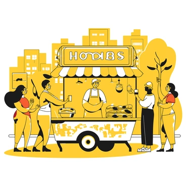 A street vendor in Brooklyn stands behind a cart, selling hot dogs and pretzels. The vendor is wearing an apron and a cap, smiling as customers approach. The cart is adorned with a colorful banner displaying the menu items, including hot dogs and soft pretzels. A stack of fresh pretzels is visible on one side of the cart, while a grill with sizzling hot dogs is on the other. Customers of various backgrounds gather around, some holding drinks and others eagerly waiting to place their orders. Nearby, a cityscape featuring brownstone buildings is visible in the background, with trees lining the street.