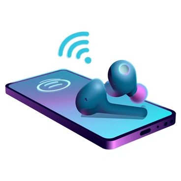 A sleek pair of wireless earbuds with a glossy finish, resting on a smooth, reflective surface. The earbuds are positioned next to a modern smartphone with a large screen displaying a vibrant Bluetooth connection icon. The smartphone has a slender, minimalist design with rounded edges. A faint blue light emanates from the earbuds, indicating they are powered on and connected. The background is softly blurred, emphasizing the earbuds and the smartphone in the foreground.