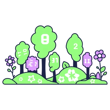 A whimsical landscape stretches across the scene, filled with trees and flowers composed entirely of numbers. The trees rise tall, their trunks and branches shaped like the digits, creating an intricate pattern. The leaves are represented by various numerical symbols, adding to the fantastical feel. In the foreground, flowers bloom, their petals and stems also crafted from numbers, with some flowers bending slightly as if swaying in a gentle breeze. The ground is dotted with smaller numerical elements, enhancing the playful, numerical theme of the landscape.