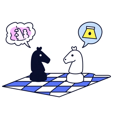 Two cartoon-style chess pieces, a black pawn and a white knight, are positioned on a simple checkered chessboard. The black pawn has a focused expression, while the white knight has a contemplative look. Each piece is surrounded by thought bubbles that depict chess pieces and moves as they strategize their next moves. The background is minimalistic, highlighting the intensity of their match.