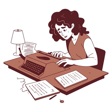 An author with curly brown hair is sitting at a wooden desk, typing feverishly on a vintage typewriter. The typewriter has black keys and a metallic frame, and several sheets of crumpled paper drafts are scattered around the desk. The author's focused expression shows determination, while a few more crumpled papers are piled high beside the typewriter. A soft glow of light from a nearby lamp casts shadows over the scene, creating a sense of urgency in the author's workspace.