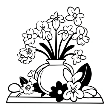 A detailed still life arrangement consisting of a "vase filled with bleeding heart flowers" prominently displayed in the center. Surrounding the vase are various "spring blooms" such as tulips and daffodils. The flowers exhibit different shapes and sizes, adding depth to the composition. The vase is intricately designed, with a smooth surface that contrasts with the textured petals of the flowers. The arrangement is placed on a "wooden table," with light and shadow creating a sense of three-dimensionality.