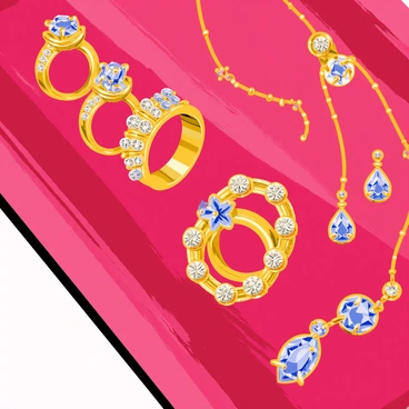 A close-up of a velvet tray featuring an assortment of sparkling jewelry pieces. The tray has a deep, rich color, enhancing the brilliance of the jewelry. There are several rings with large, colorful gemstones that glisten under the light. A pair of elegant earrings with dangling crystals and a delicate necklace with a shimmering pendant are also displayed prominently. The intricate details and craftsmanship of each piece add to the luxurious appearance of the overall composition.