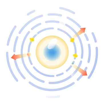 An illustration depicts a charged conductor in the center, glowing faintly with an electric blue hue. Surrounding the conductor is an array of lines representing the electric field, radiating outward in curved patterns. Arrows are placed along these lines, indicating the direction of the electric field flow, with the arrows colored in a gradient from bright yellow to deep orange. The background is a soft gradient of light purple to pale blue, enhancing the visibility of the electric field lines and arrows.