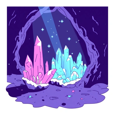 A cave with shimmering crystals of various sizes and shapes is filled with luminous formations. The crystals emit light, creating a vibrant display that reflects and refracts through the cave. The walls of the cave are rugged and dark, contrasting with the bright colors emanating from the crystals. Light beams scatter in every direction, illuminating the surrounding cave surface and enhancing the ethereal atmosphere. The ground is uneven, scattered with smaller crystals and minerals that add to the cave's enchanting beauty.