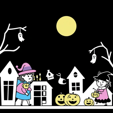 A dark October night, illuminated by a full moon. Shadows stretch across a neighborhood lined with houses. Children in colorful costumes are seen walking along the sidewalk. One child is dressed as a superhero, while another wears a witch's hat and holds a plastic pumpkin for candy. Several houses are decorated with carved pumpkins displaying various expressions. Some pumpkins have flickering candles inside, casting a warm glow. Ghostly decorations hang from trees, swaying gently in the breeze.