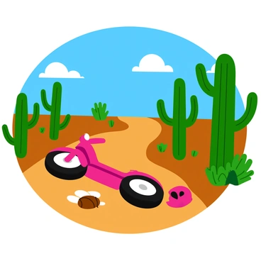 A moped lies on its side on a dusty trail in a desert landscape. The trail is surrounded by various cacti, including tall saguaro cacti with arms reaching upwards and smaller prickly pear cacti with vibrant green pads. The sky above is bright blue with a few fluffy white clouds scattered throughout. The sun casts sharp shadows across the ground, emphasizing the rugged terrain. Nearby, a small tumbleweed rolls across the trail, adding to the sense of movement in the scene. The moped shows signs of a recent accident, with a scratched body and a fallen helmet next to it.