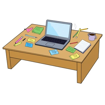 A wooden desk with a natural finish, cluttered with various items. In the center, there is an open laptop displaying a bright screen. Surrounding the laptop are colorful sticky notes, some with handwritten reminders. A few pens and pencils are scattered across the desk, along with a notebook filled with neatly written notes. A coffee cup sits to one side, steaming gently. The desk is against a light-colored wall, adding depth to the scene.