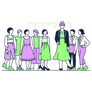 A group of models is walking along a runway during a rehearsal for a fashion show. Each model has a focused expression on their face, showcasing concentration and professionalism. The models are dressed in various outfits that highlight different styles, including elegant dresses, tailored suits, and trendy streetwear. The runway is lined with bright lights, illuminating the models as they stride confidently. In the background, a few team members are observing and taking notes, while others adjust the outfits and accessories.