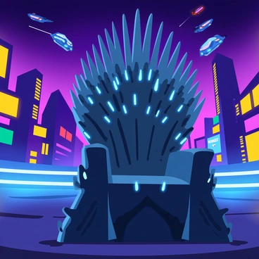 A futuristic Iron Throne made of sleek, reflective metal with sharp edges and glowing blue lights embedded throughout its structure. The throne is set in a high-tech cityscape filled with tall, angular skyscrapers and neon signage. The background features a vibrant night sky illuminated by the glow of the city and a few hovering vehicles zipping by. The ground around the throne is paved with smooth tiles, and there are holographic advertisements flickering nearby.