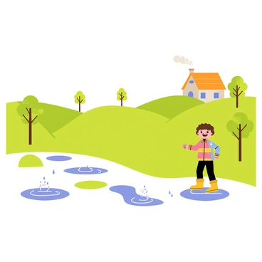 A peaceful countryside scene with lush green fields under a gray sky. "Soft rain" is falling, creating small ripples in various puddles scattered across the ground. In the foreground, a child with bright yellow rain boots is joyfully "dancing in puddles," splashing water around. The child has curly brown hair, wearing a colorful raincoat and is grinning widely. Nearby, a few trees with green leaves sway gently in the rain, and a small, rustic cottage with smoke rising from the chimney can be seen in the background.