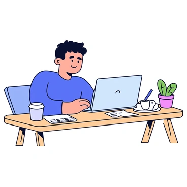 An individual is sitting at a modern desk made of light wood. The person has short dark hair and is wearing a casual blue shirt. They are focused on a laptop open in front of them, displaying a LinkedIn profile page. Beside the laptop, there is a cup of coffee, a notepad filled with notes, and a pen. The room is well-lit, with a small green plant on the desk adding a touch of nature.