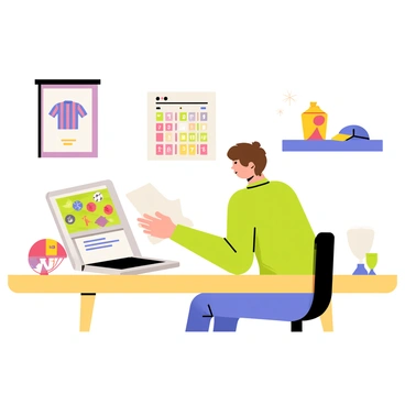 A person sitting at a wooden desk, focused on a silver laptop with the screen displaying a vibrant betting website. The person has short brown hair and is wearing a green sports jersey. Around them, various sports memorabilia is scattered, including a framed soccer jersey hanging on the wall, a baseball cap placed on the desk, and a small trophy on a shelf nearby. A colorful calendar with sports events is pinned to the wall in the background.