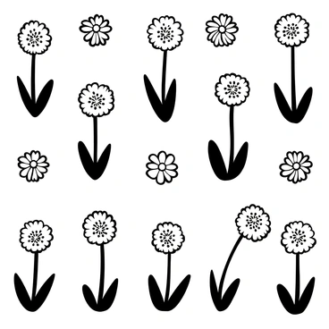 A repeating pattern of "stylized allium flowers" with circular heads and long thin stems. Each flower head is detailed with numerous small individual florets, creating a fluffy appearance. The flowers are arranged in a grid-like structure, evenly spaced apart. "Leaves" emerge from the base of each stem, adding depth to the design. The overall composition is balanced, showcasing the flowers in various orientations while maintaining a consistent pattern throughout.