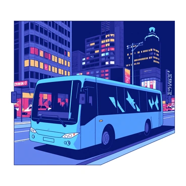 A blue bus is parked on the side of a busy city street at night. The bus is illuminated by various vibrant city lights reflecting off its glossy surface. Surrounding the bus, there are tall buildings with windows lit in different colors, creating a dynamic urban backdrop. The street is bustling with movement, featuring pedestrians walking by and cars passing in the background. The scene captures the energy of a lively city night.