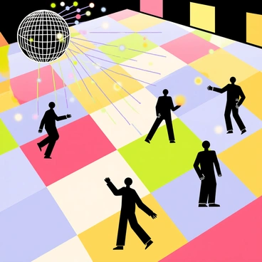 A retro dancefloor featuring a grid of brightly colored tiles in shades of red, blue, yellow, and green. The tiles have a glossy finish, reflecting the light. Above the dancefloor, a large disco ball spins, scattering small beams of light across the tiles and creating vibrant patterns. The atmosphere is lively, with silhouettes of people dancing joyfully on the tiles.