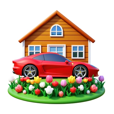 A red Ferrari with sleek curves and shiny rims parked in front of a charming country house. The house features wooden siding and a sloping roof, with white window shutters. In the foreground, there are blooming gardens filled with colorful flowers, including tulips and roses. The grass is lush and well-maintained, surrounding the house and the car. Bright sunlight casts soft shadows, highlighting the vibrant colors of the scene.