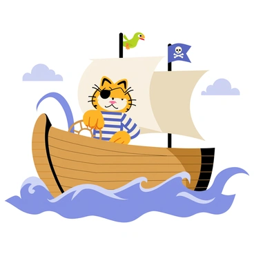 A cartoon-style illustration of "Garfield" dressed as a pirate with a striped shirt and a black eye patch. He stands confidently at the helm of a wooden ship, gripping the steering wheel with his paw. The ship is surrounded by large, cartoonish waves splashing around it, creating a dynamic sense of movement. In the background, a bright blue sky is visible, dotted with fluffy white clouds, enhancing the playful scene. A parrot sits on Garfield’s shoulder, adding to the pirate theme. The ship's sails are billowing in the wind, showcasing a classic skull and crossbones flag.