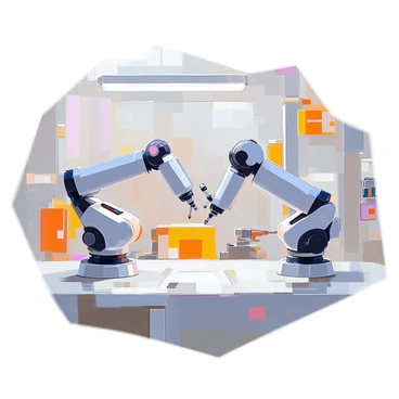 Two robotic arms located in a factory setting are positioned to create angles of 2 and 5 degrees. The first robotic arm is metallic with a sleek design, extending forward with precision to form a 2-degree angle. The second robotic arm is slightly bent at the elbow joint, creating a 5-degree angle as it reaches out. The factory background features machinery and tools, adding to the industrial atmosphere. The floor is smooth, and overhead lights provide bright illumination on the scene.