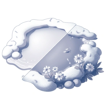 A fish pond features distinct sections representing the four seasons. In the winter section, the pond is partially covered with ice, and snow blankets the surrounding landscape. The ice has intricate cracks and a smooth surface reflecting the pale sunlight. In the spring section, the pond is vibrant with blooming flowers on the banks, showcasing a variety of blossoms. Green leaves surround the water, and small fish can be seen swimming beneath the surface. The transition between each season is marked by subtle changes in vegetation and the overall ambiance of the environment.