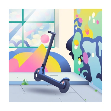 A segway with a sleek black frame is positioned next to a wall. The wall is covered in vibrant street art featuring bold colors and dynamic designs, including abstract shapes and stylized characters. The background of the wall contains a stunning mural with shades of blue, yellow, and pink, creating an eye-catching contrast to the segway. The ground beneath the segway is paved with gray concrete, and there are small patches of grass peeking through the cracks. The overall scene captures a lively urban environment.