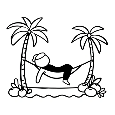 A character with an oversized cup-shaped head is reclining in a hammock strung between two palm trees on a tropical island. Surrounding the hammock are several coconut trees, with coconuts scattered on the ground. The character has arms and legs extending from the cup, casually resting back as if enjoying a serene moment. The sandy beach is visible in the foreground, with gentle waves lapping at the shore. A few colorful tropical flowers are growing near the base of the palm trees.