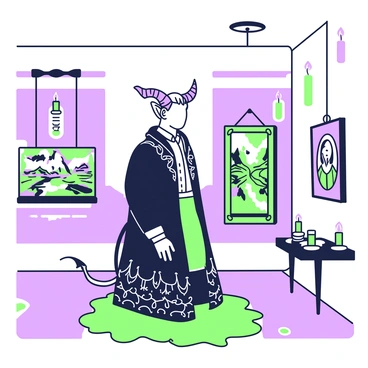 A Victorian devil with large, curved horns and a slender tail is standing in an art gallery. The gallery is dimly lit by flickering candles mounted on the walls, casting shadows across the room. The devil is dressed in a richly textured dark cloak with intricate patterns and a crisp shirt underneath. He is gazing intently at various paintings hanging on the walls, with ornate frames. Some paintings depict dramatic landscapes, while others show intricate portraits. The floor is adorned with a plush rug that complements the elegant atmosphere, and a few more candles rest on small tables scattered around the gallery.
