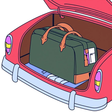 A sturdy duffel bag with a dark green canvas exterior, featuring brown leather handles and straps. The bag is filled with various items, slightly bulging at the seams. Inside the trunk of a vintage car, the trunk is lined with rich brown wood and has a classic latch. Sunlight filters in, illuminating the trunk space, showcasing the duffel bag prominently. The car has a shiny chrome bumper and its exterior is painted in a bright red color.