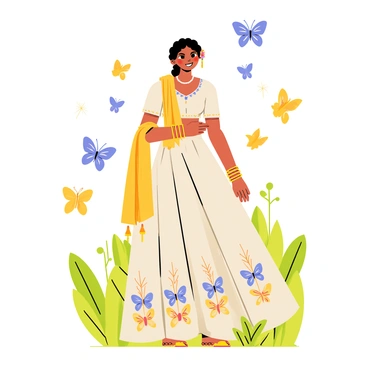 A bride wearing a vibrant lehenga adorned with intricate butterfly motifs in various colors. The lehenga has a flared silhouette that cascades to the ground, and she wears a matching dupatta draped elegantly over her shoulder. Surrounding her are numerous butterflies in shades of blue, yellow, and orange, fluttering gracefully in the air. The bride has a joyful expression, her hair styled beautifully, and she is standing in an outdoor setting filled with greenery. The sunlight illuminates the scene, highlighting the delicate details of her attire and the vivid colors of the butterflies.