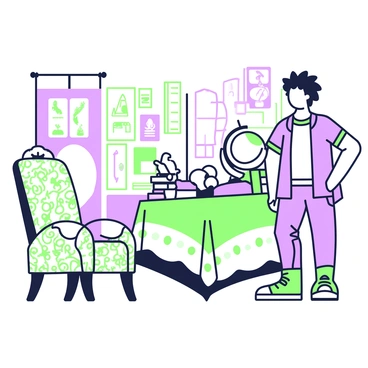 A person is standing in a strangely decorated room, looking confused and apprehensive. The room is filled with an assortment of unusual furniture and decor items. To the left, there is a chair with an elaborate design, covered in intricate patterns. In the center, there is a table with a colorful tablecloth, and on it are various odd objects such as a globe and a stack of books. The walls are adorned with mismatched artwork, creating a chaotic atmosphere. The person has tousled hair and is wearing casual clothing, their expression reflecting uncertainty as they glance around the room.