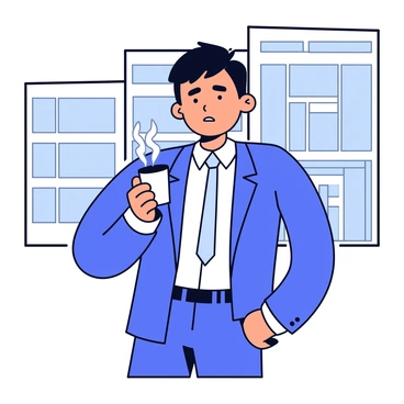 A nervous employee holding a coffee cup, standing outside a corporate building