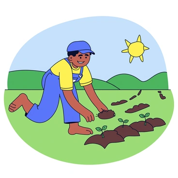 A humble farmer with a sun-kissed complexion is planting seeds in a fertile, green field. The farmer is barefoot, with dirt on the soles of their feet, indicating their connection to the earth. The sun is shining brightly, casting warm light across the landscape. The field is dotted with freshly prepared rows of soil, ready for planting. In the background, there are gentle rolling hills under a clear blue sky.