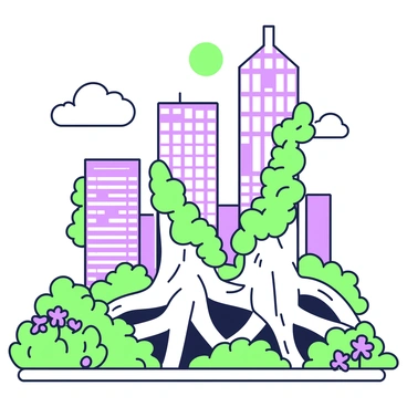 A cityscape featuring tall skyscrapers that are intertwined with massive tree roots. The buildings have reflective glass facades, while the roots emerge from the ground, wrapping around the bases of the structures. Green leaves and vines are climbing up the sides of the skyscrapers, blending urban architecture with natural elements. In the foreground, there are patches of dense foliage and flowers peeking through cracks in the pavement. The sky is visible above, showcasing a mix of clouds and sunlight filtering through the greenery.