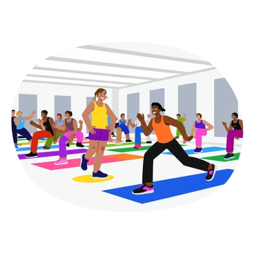 A fitness instructor wearing a bright tank top and athletic shorts is demonstrating lunges at the front of a spacious gym studio. The instructor has a confident stance, with one leg extended forward in a lunge position. The class consists of diverse individuals on colorful yoga mats, each engaged in performing lunges. Some participants are focused, while others are smiling and encouraging each other. The mats are arranged in neat rows, and there are large mirrors on the wall reflecting the scene. The atmosphere conveys a sense of energy and motivation among the group.