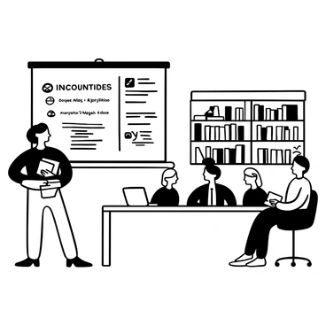 A PhD student standing at a podium with a stack of papers and a laptop, presenting their dissertation. The student is dressed in formal attire, exuding an air of confidence. In front of them is a long table where several panel members are seated, observing attentively. Behind the podium, a large projector screen displays a summary of the dissertation with bullet points and graphs. Bookshelves filled with academic books and journals are visible in the background.