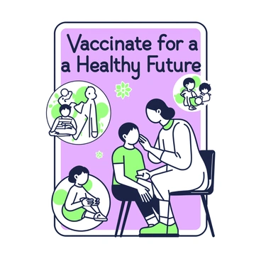 A vintage health poster promoting smallpox vaccination. The poster features a central image of a healthcare professional administering a vaccine to a child. The healthcare professional is wearing a white coat and has a caring expression. The child is sitting on a chair, looking calm and attentive. Above this image, there is bold lettering that reads "Vaccinate for a Healthy Future." Surrounding the central image, there are smaller illustrations of families and children engaging in various healthy activities, such as playing outside and reading. The background contains decorative elements that enhance the vintage look of the poster.