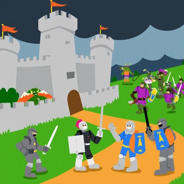 A large stone castle with tall, battlemented walls and a central tower stands strong in the foreground. The sky is filled with dark storm clouds, creating a dramatic atmosphere. Surrounding the castle, a group of armored knights wielding swords and shields are positioned defensively on the walls and in front of the castle gates. They display fierce expressions as they prepare for battle. In the distance, a horde of fantastical creatures approaches, including a large dragon with vibrant scales, goblins with exaggerated features and bright clothing, and trolls that tower over the landscape. The ground is covered in grass and dirt, showing signs of a recent struggle, and banners flutter in the wind, adding color to the scene.