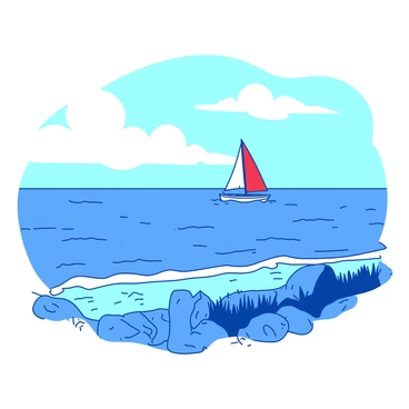 A blue view of Lake Michigan stretches out towards the horizon, with gentle waves lapping against the shore. In the distance, a customized sailboat with a vibrant red sail glides across the water, creating a striking contrast against the blue lake. The shoreline is lined with smooth pebbles and patches of soft green grass, providing a natural frame for the scene. The sky above is clear, with a few wispy clouds scattered, enhancing the overall tranquility of the setting.