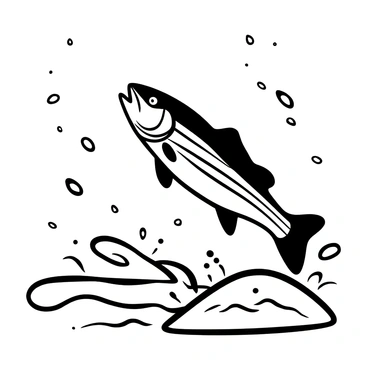 A "striped bass" leaping out of a "fast-moving river" with water splashing in all directions. The fish is depicted in mid-air, showcasing its streamlined body and distinctive stripes. Around the fish, droplets of water are frozen in motion, creating a dynamic effect. The river's current is visibly strong, with waves and ripples accentuating the action of the scene.