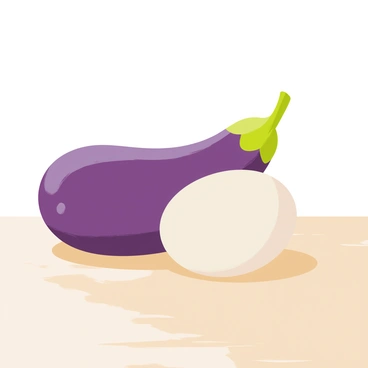 An eggplant with a glossy deep purple skin is positioned next to a chicken egg with a smooth white shell. Both the eggplant and the chicken egg are placed on a wooden kitchen table, highlighting their similar oval shapes. Soft natural light illuminates the scene, creating gentle shadows beneath the eggplant and chicken egg.