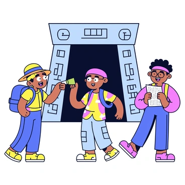 Comic adventurers exploring ancient Egyptian tombs with exaggerated reactions