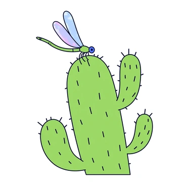 A dragonfly with iridescent wings is resting on the spine of a large, green cactus. The cactus has a tall and sturdy body with multiple prominent spines protruding outward. The dragonfly's body is slender and elongated, featuring vibrant blues and greens that shimmer in the light. The setting includes vibrant green hues of the cactus, contrasting against the delicate texture of the dragonfly's wings. The scene captures the intricate details of both the dragonfly and the cactus, emphasizing their connection in a harmonious composition.