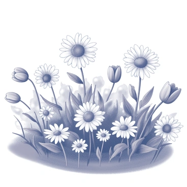 A flower garden filled with a variety of blooms. The garden features an array of flowers, including daisies, tulips, and sunflowers, each with distinct shapes and sizes. The flowers are arranged in clusters, creating a rich texture across the landscape. Some blooms are upright while others lean slightly, as if swaying in the gentle breeze. The scene captures the intricate details of petals and leaves, with a focus on the organic forms of the flowers.