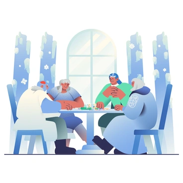 A group of four inhabitants from an ice kingdom is sitting around a transparent ice table in an icy palace. The first inhabitant has pale blue skin and wears a flowing, white fur cloak. The second inhabitant has silver hair and is dressed in a shimmering blue tunic. The third inhabitant has light gray skin and dons a crystal tiara. The fourth inhabitant is wearing a long, icy blue robe adorned with snowflake patterns. 

They are engrossed in a card game, with a deck of intricately designed cards spread out on the table. Surrounding them, the palace is filled with towering icicles and frosty pillars that glitter in the soft light reflecting off the ice. Snowflakes are gently falling outside the grand windows, adding to the enchanting atmosphere of the icy environment.