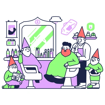A quaint barber shop is filled with gnomes sitting in vintage barber chairs. One gnome with a bright red beard is getting a stylish haircut from a gnome barber, who is focused while using scissors. The barber shop features a large mirror reflecting the scene and shelves stocked with various grooming products. On the walls, there are old-fashioned barber poles, and colorful posters of hairstyles. Another gnome is waiting patiently in a corner, flipping through a magazine filled with hairstyle ideas. Natural light streams through a window, adding to the cozy atmosphere.