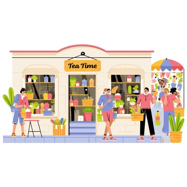 A cozy tea shop with a wooden sign hanging above the entrance, displaying the words "Tea Time" in elegant lettering. The shop has large, inviting windows showcasing various colorful tea canisters and a small table with two chairs outside. Surrounding the tea shop is a lively village market filled with vendors selling fresh fruits and vegetables, handmade crafts, and flowers. Shoppers with baskets roam the bustling market, some stopping to chat with vendors. Colorful tents and banners are set up throughout the market, adding to the vibrant atmosphere.