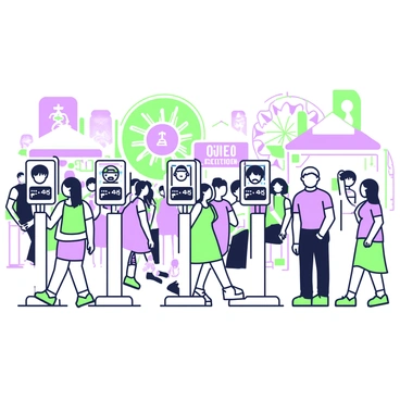 A large public event is taking place, with numerous attendees moving about. In the foreground, there are several facial recognition scanners positioned on tall stands. Each scanner has a sleek design, with a screen displaying incoming data. People are walking past the scanners, some stopping briefly to have their faces analyzed. The area is bustling, featuring a diverse crowd, including individuals of different ages and backgrounds. Bright event banners are hanging overhead, and there are booths and stalls set up in the background. Security personnel are present, observing the scanning process carefully.